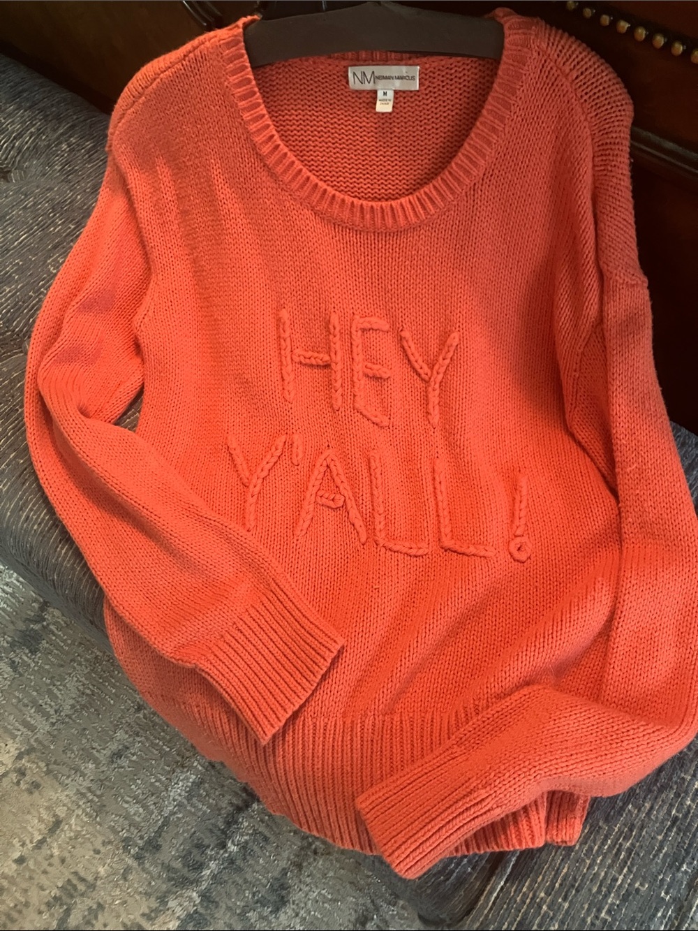 Neiman Marcus Coral Crewneck Sweater with 'HEY Y'ALL' Knit Detail